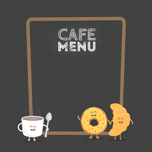 Kids restaurant menu cardboard character. Funny cute mug coffee and donut drawn with a smile, eyes and hands. — Stock Vector