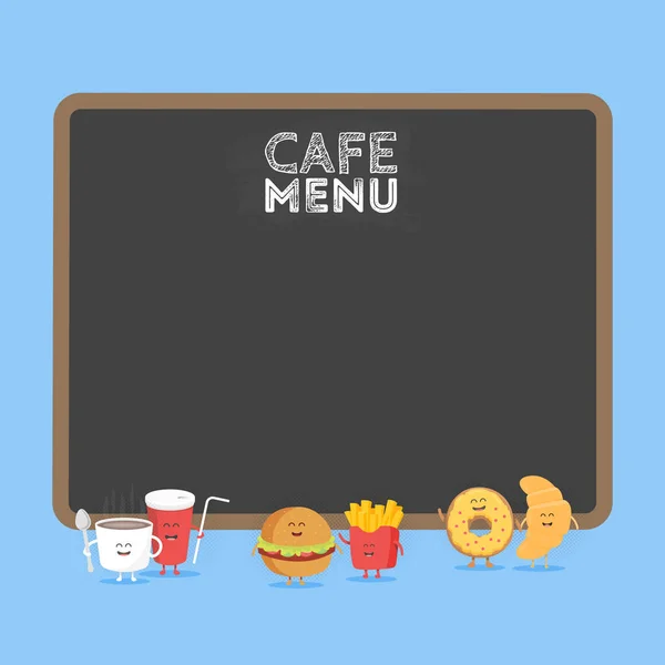 Χάμπουργκερ Φαστ φουντ αστείο, χαριτωμένο, σόδα, πατάτες τηγανητές, κρουασάν και ντόνατ με ένα χαμόγελο, τα μάτια και τα χέρια. Παιδιά μενού εστιατόριο χαρτόνι χαρακτήρα — Διανυσματικό Αρχείο
