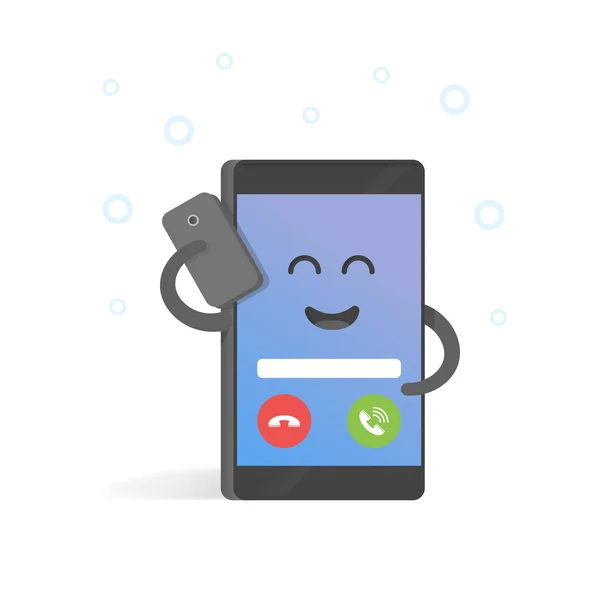 Smartphone hablando sobre el concepto de celular. Lindo teléfono personaje de dibujos animados con manos, ojos y sonrisa — Vector de stock