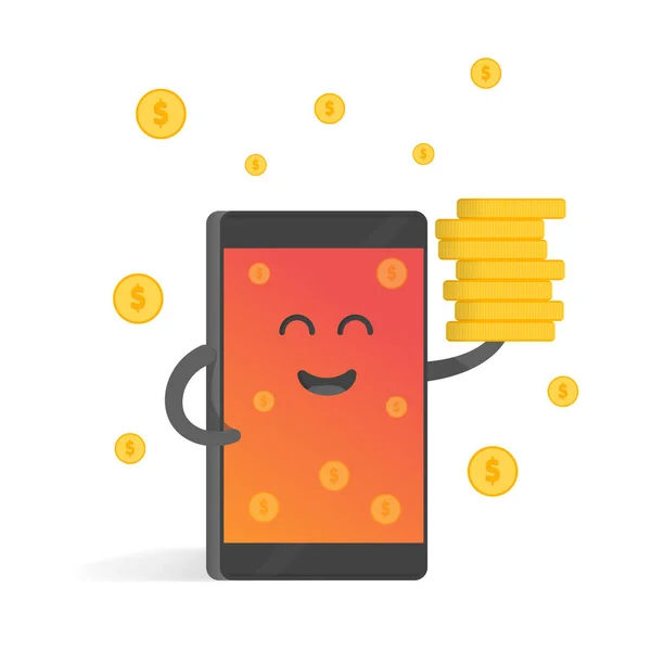 Concepto de Smartphone de ganancias de dinero, un montón de monedas. El fondo del dinero cae. Lindo teléfono personaje de dibujos animados con manos, ojos y sonrisa — Vector de stock