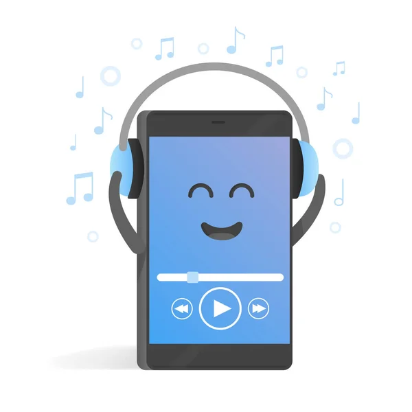 Smartphone koncept poslechu hudby ve sluchátkách. Na pozadí poznámek. Roztomilý kreslený telefon charakter s rukou, očima a úsměvem — Stockový vektor