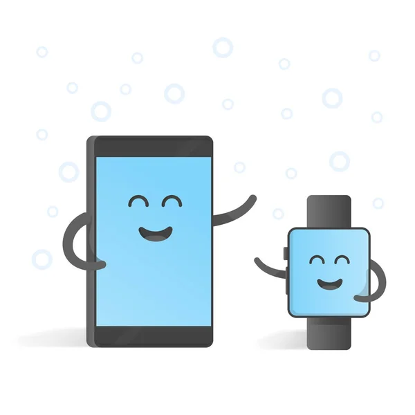 Conexiones conceptuales de teléfonos inteligentes con relojes inteligentes. Lindo teléfono personaje de dibujos animados con manos, ojos y sonrisa — Vector de stock