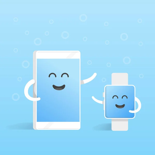 Smartphone-Konzepte mit Smartwatches verbinden. niedlichen Cartoon-Charakter Telefon mit Händen, Augen und Lächeln — Stockvektor