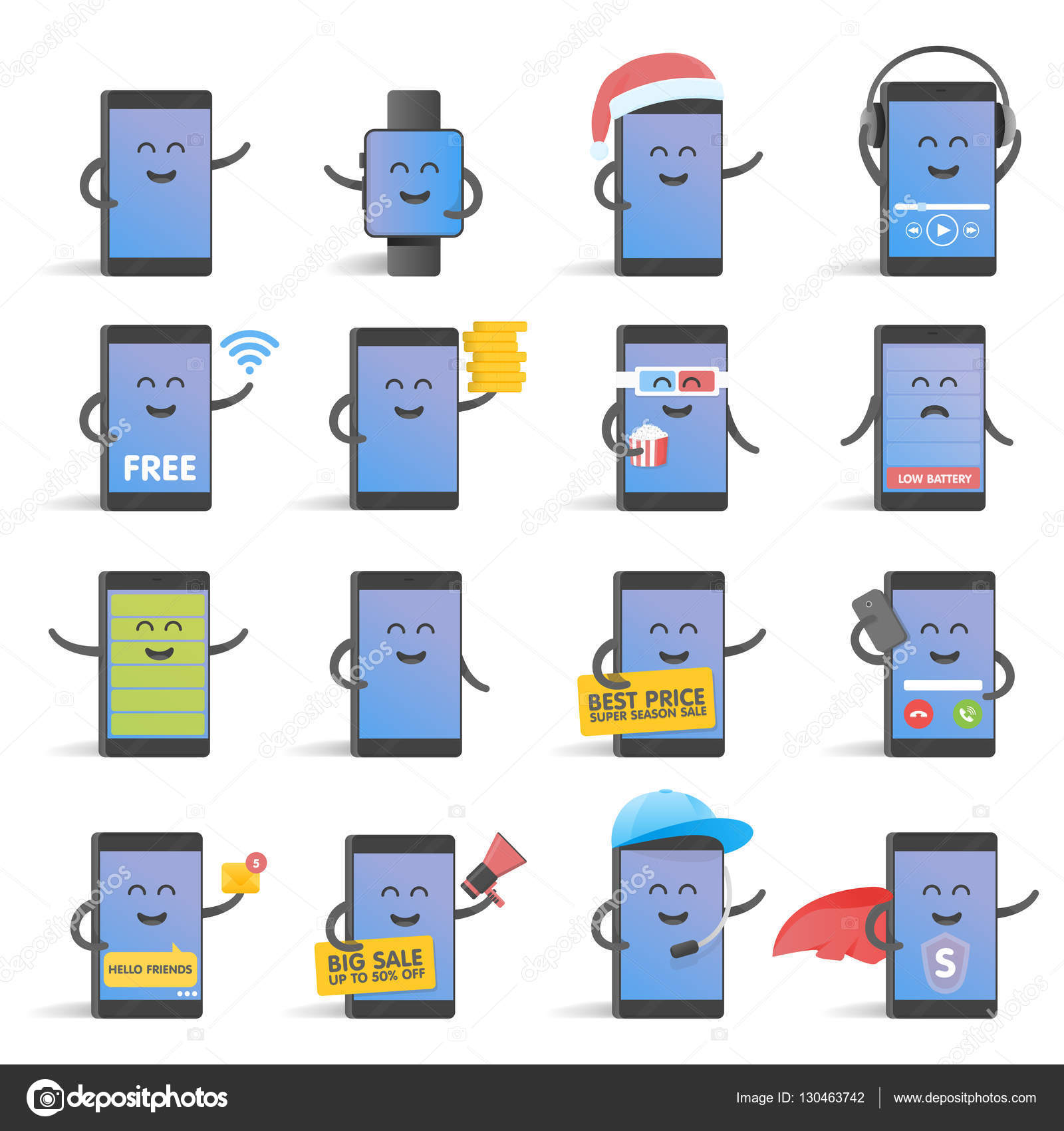 Happy cartoon smart phone character set, great for your design Stock