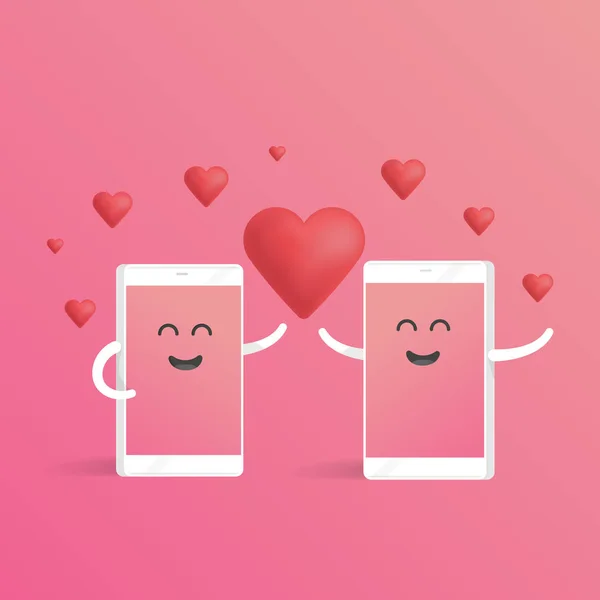 Smartphone love valentines day concept. Cute cartoon character phone with hands, eyes and smile — Stock Vector