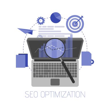 Vektör çizim. Düz arka plan. SEO. Arama Motoru Optimizasyonu. Uygulama geliştirme.