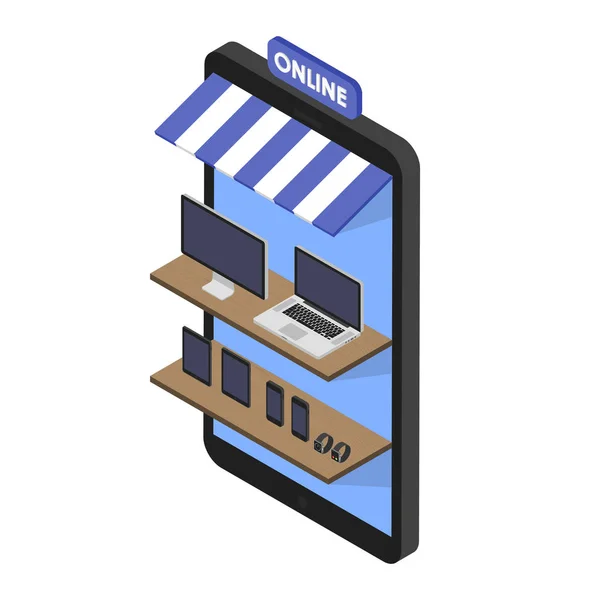 İzometrik konsept mağaza online gadget'lar ve elektronik alışveriş. Cep telefonu mağaza önünde. Sartwatches, tablet, bilgisayarlar, dizüstü bilgisayarlar raflar — Stok Vektör