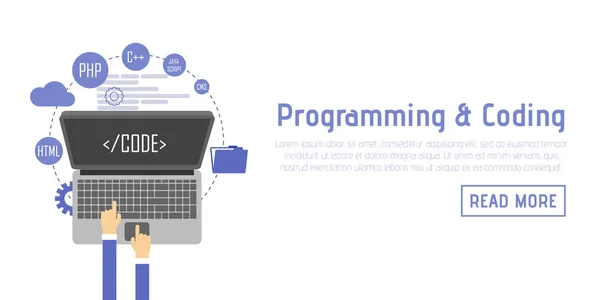 Programmør ved computer skrivebord arbejder på programmet. Software koncept. Vektor illustration flad design. Mand, der arbejder på skrivebordet comput – Stock-vektor