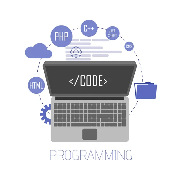 Programación y codificación, desarrollo de sitios web, diseño web. Ilustración vectorial plana — Vector de stock