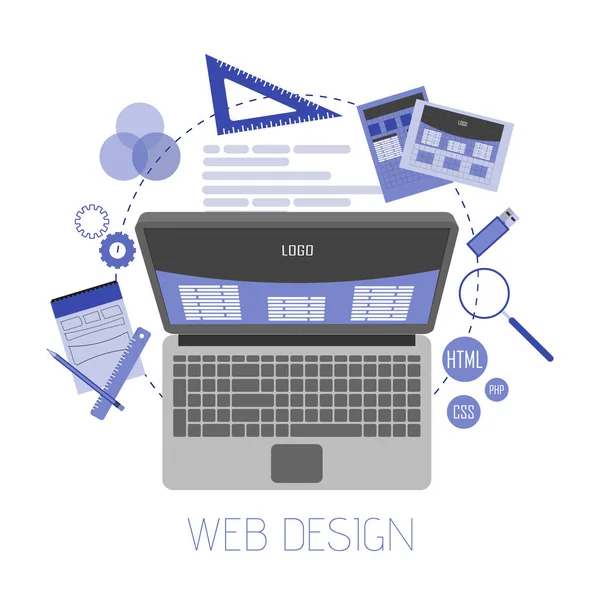 Ilustración abstracta de vectores planos de conceptos de diseño y desarrollo web. Elementos para aplicaciones móviles y web — Vector de stock