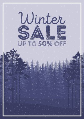 Kış satış kelime güzel Chrismas düz üstünde kış tatilleri ile kar düşen ağaçlar, kar taneleri, arka plan manzara..