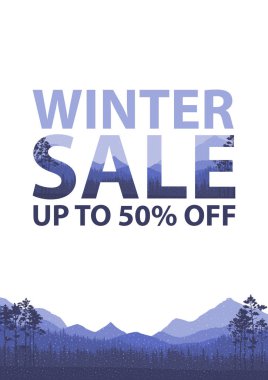 Kış satış kelimeleri güzel Chrismas düz arka plan ile kar düşen ağaçlar, kar taneleri, kış tatil manzara. Çift pozlama etkisi etiketi