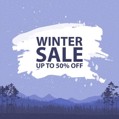 Kış satış kelime güzel Chrismas düz üstünde kış tatilleri ile kar düşen ağaçlar, kar taneleri, arka plan manzara..