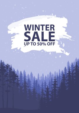 Kış satış kelime güzel Chrismas düz üstünde kış tatilleri ile kar düşen ağaçlar, kar taneleri, arka plan manzara..