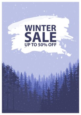 Kış satış kelime güzel Chrismas düz üstünde kış tatilleri ile kar düşen ağaçlar, kar taneleri, arka plan manzara..