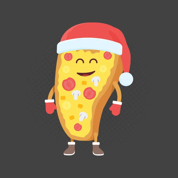 Personagem de papelão menu de restaurante de crianças. Natal e Ano Novo estilo de inverno. Engraçado bonito pizza desenhada, com um sorriso, olhos e mãos. Vestido com chapéu de Santa e luvas quentes —  Vetores de Stock