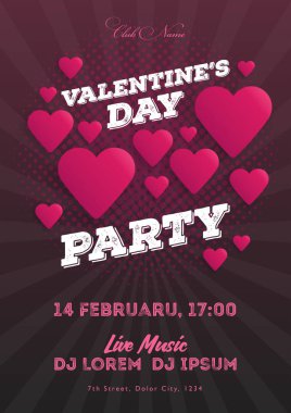 Sevgililer günü partisi daveti ilanı. Şablon kulüp için müzik akşamları. Müzisyenler, Djs. gece Festival partisi tarafından konuşma. Arka plan yürekleri. Vektör çizimler