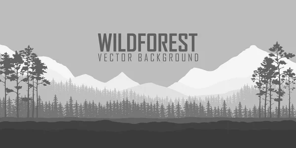 Wild coniferous forest background. Pine tree, landscape nature, wood natural panorama. Outdoor camping design template. Vector illustration — Stock Vector