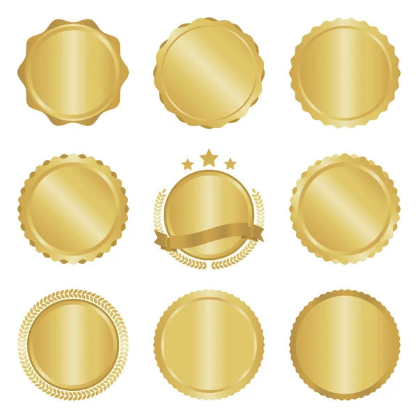Collection of modern, gold circle metal badges, labels and design elements. Vector illustration — Stock Vector