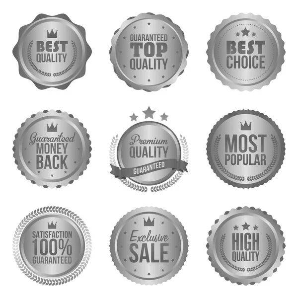 stock vector Collection of modern, silver circle metal badges, labels and design elements. Vector illustration