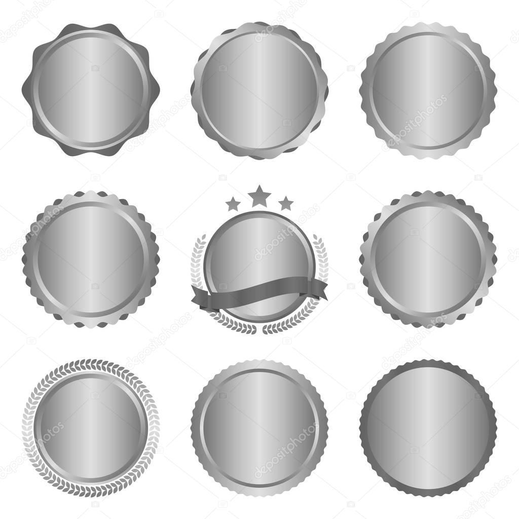 Collection of modern, metal silver circle metal badges, labels and design elements. Vector illustration