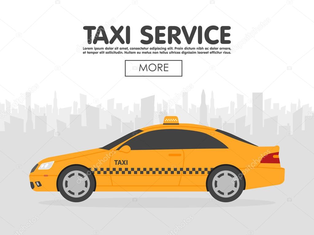 Yellow taxi car in front of city silhouette, vector illustration in simple flat design