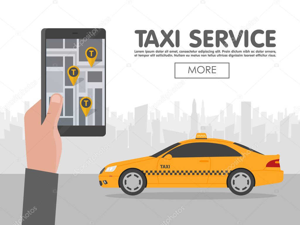 Phone with interface taxi on screen on background the city. Mobile app for booking service. Flat vector illustration for business, info graphic, banner, presentations