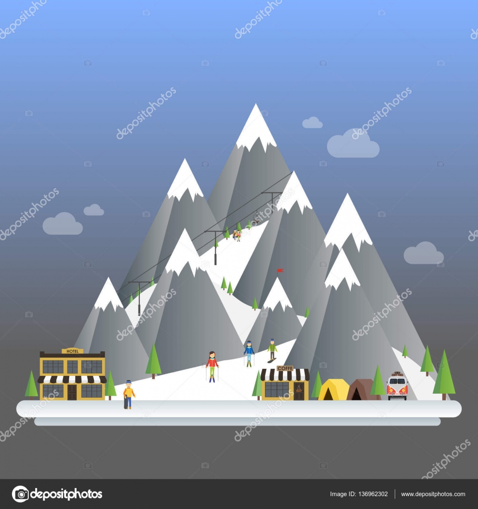 Station De Ski Concept De Dessin Anime Moderne Paysages Montagneux Illustration Vectorielle Plate Image Vectorielle Par Vectorplus C Illustration