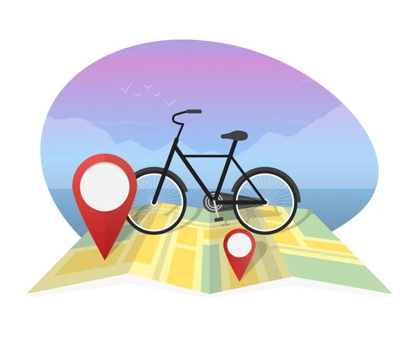 Vetor ilustração viajante com bicicleta no fundo do mapa —  Vetores de Stock