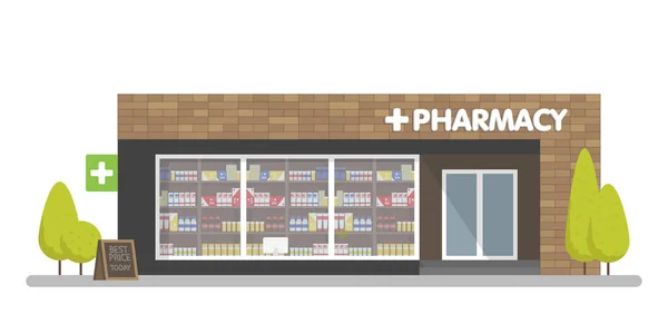 Gevel van de apotheek in de stedelijke ruimte, de verkoop van geneesmiddelen en pillen. — Stockvector