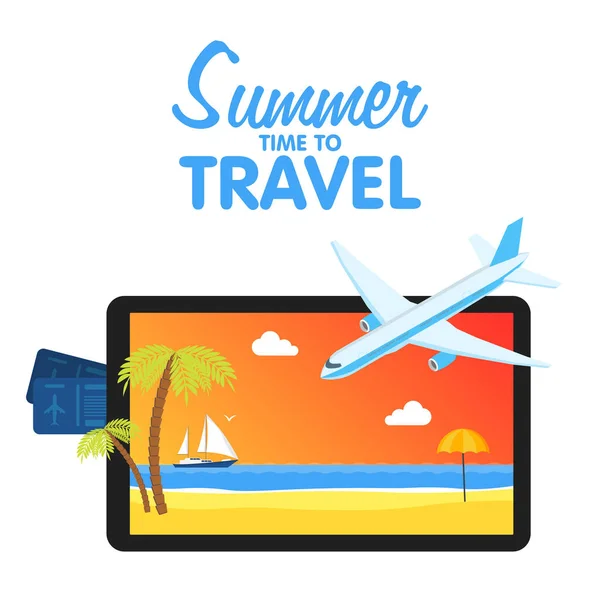 Compre bilhetes de avião. Viajando de avião, planejando umas férias de verão, turismo e objetos de viagem e bagagem de passageiros — Vetor de Stock