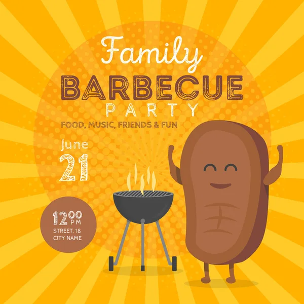 Familie BBQ Party Einladung Vorlage. niedlichen Steak Charakter Grillzeit. Retro Hintergrund Vektor Illustration — Stockvektor