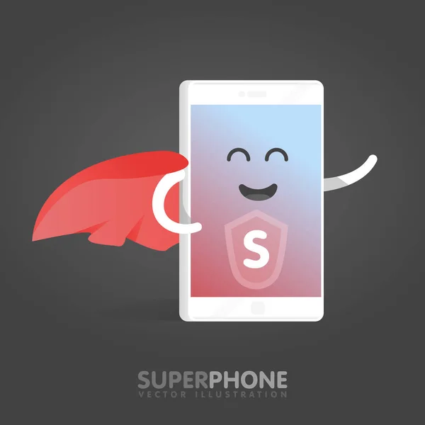 Conceito de smartphone de super-herói com uma capa vermelha. Bonito telefone personagem dos desenhos animados com as mãos, olhos e sorriso — Vetor de Stock