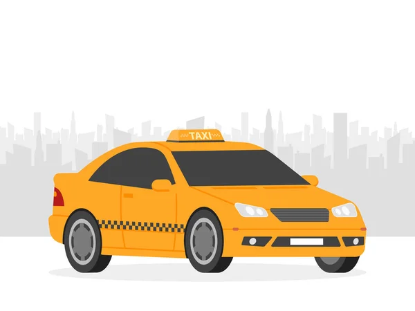 Gul taxi bil framför staden silhuett, vektor illustration i enkel platt design — Stock vektor