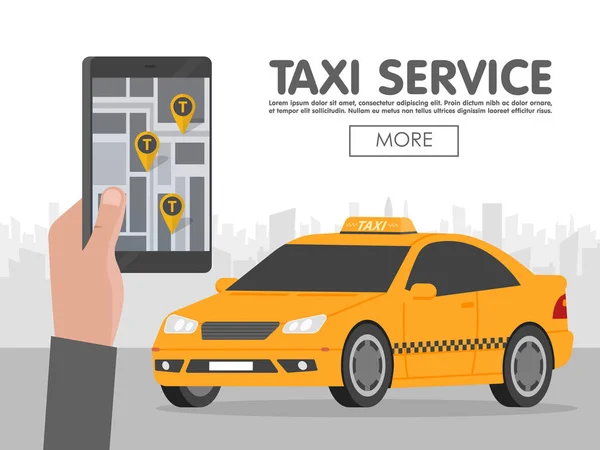 Telefon med gränssnittet taxi på skärmen på bakgrunden staden. Mobil app för bokningsservice. Flat vektorillustration för företag, information grafik, banner, presentationer — Stock vektor