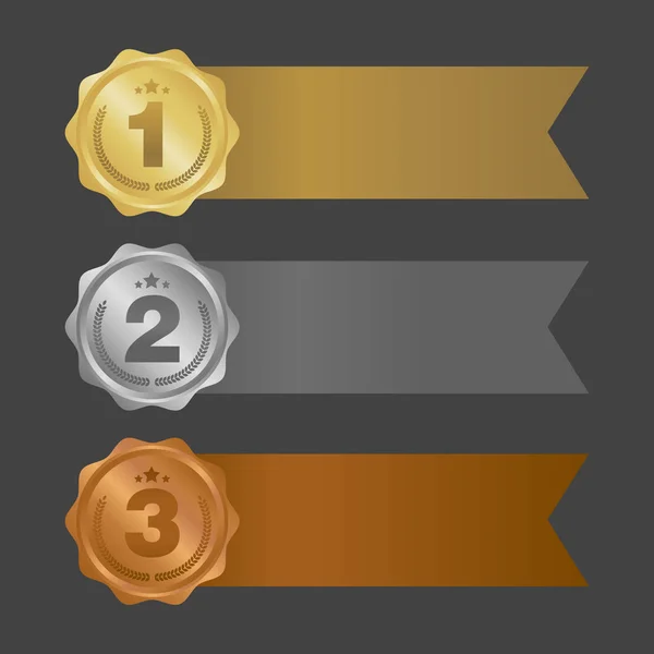 Goud zilver en brons linten. Metalen badges — Stockvector