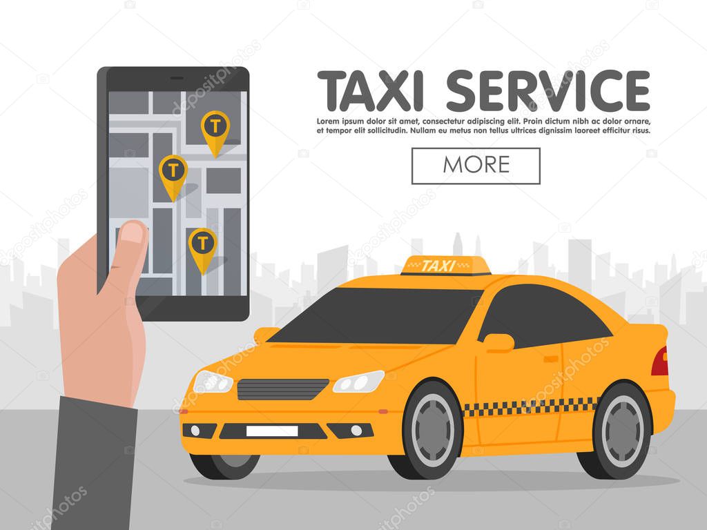 Phone with interface taxi on screen on background the city. Mobile app for booking service. Flat vector illustration for business, info graphic, banner, presentations