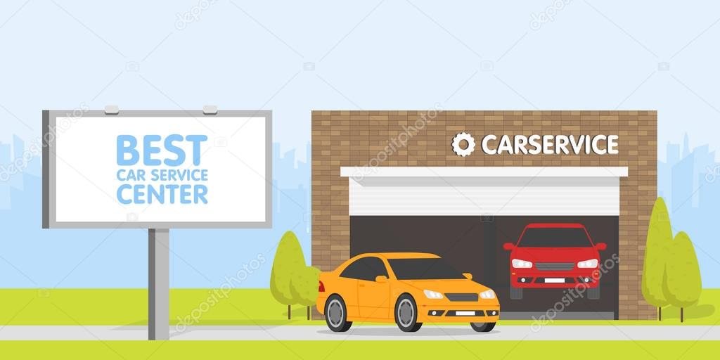 Automobile repair shop garage. The car on background of brick building. Urban space in the background. Billboard and signboard