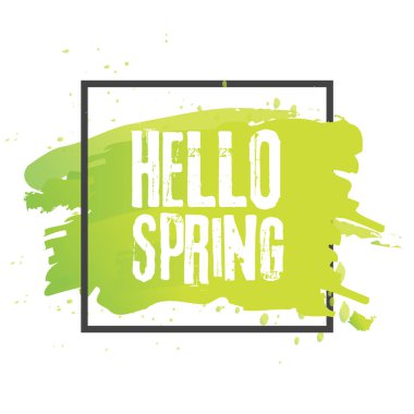 Merhaba bahar. Elle çizilmiş harfleri ile yazı. Çerçeve vektör çizim ile yeşil yaprakları ile etiket ve afiş şablon.