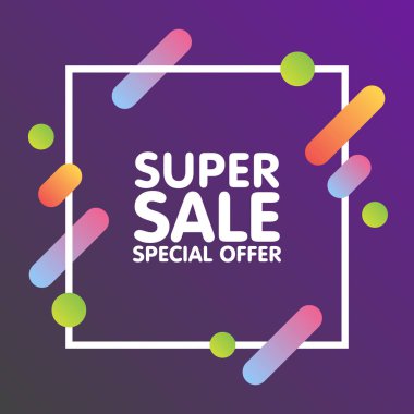 Modern dinamik tasarım stili süper satışı büyük başlığı. Özel indirim ve indirim. Düz tasarım afiş, poster, flyer şablonu. Vektör çizim