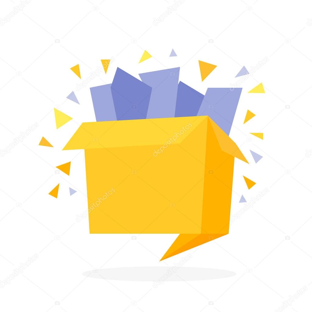 Origami style flat open gift box with confetti vector illustration