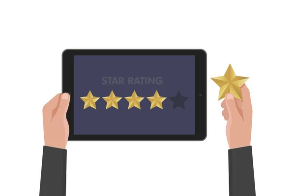 Hand holding and pointing to a tablet with five star on the screen. Rating and review concept. Vector illustration — Stock Vector