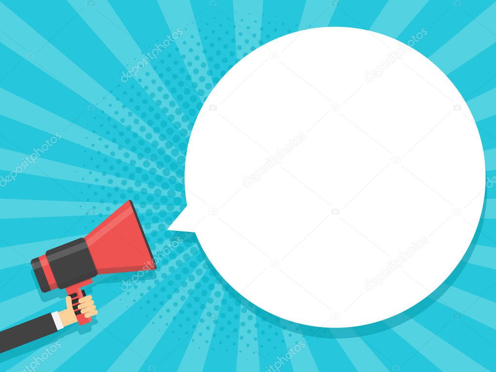 Hand hold megaphone comic retro background with bubble. Vector illustration