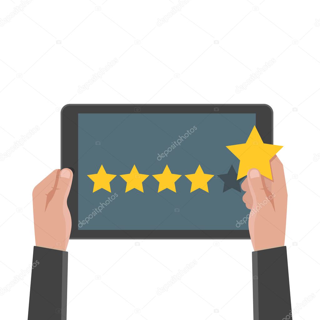 Hand holding and pointing to a tablet with five star on the screen. Rating and review concept. Vector illustration