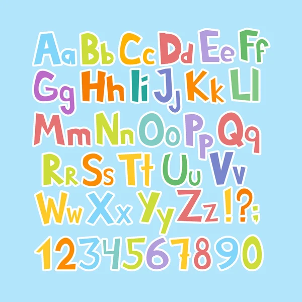 Roliga serier typsnitt. Handritad lowcase och versaler färgglada tecknade engelska alfabetet med lägre och versaler. Vektorillustration — Stock vektor