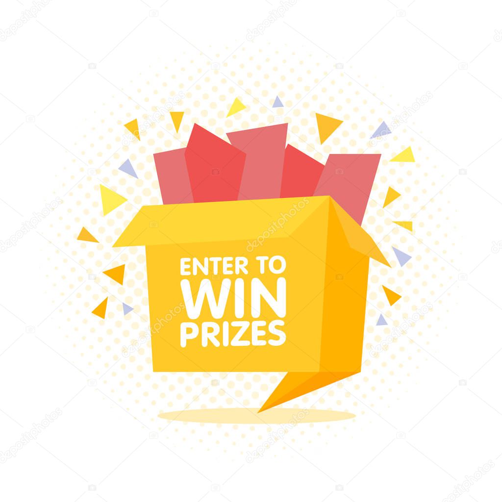 Enter to win prizes gift box. Cartoon origami style vector illustration