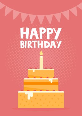 Mutlu doğum günü kartı tasarım pasta ile. Vektör çizim