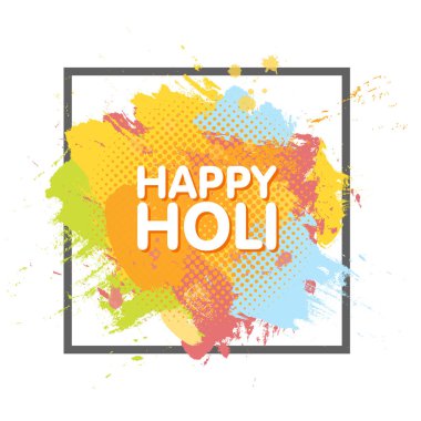 Mutlu Holi Bahar Şenliği renkli Holi toz boya bulutlar ve örnek metin arka plan tebrik renk. Mavi, sarı, pembe ve turuncu toz boya. Vektör çizim