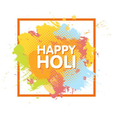 Mutlu Holi Bahar Şenliği renkli Holi toz boya bulutlar ve örnek metin arka plan tebrik renk. Mavi, sarı, pembe ve turuncu toz boya. Vektör çizim