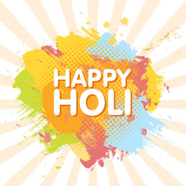 Mutlu Holi Bahar Şenliği renkli Holi toz boya bulutlar ve örnek metin arka plan tebrik renk. Mavi, sarı, pembe ve turuncu toz boya. Vektör çizim